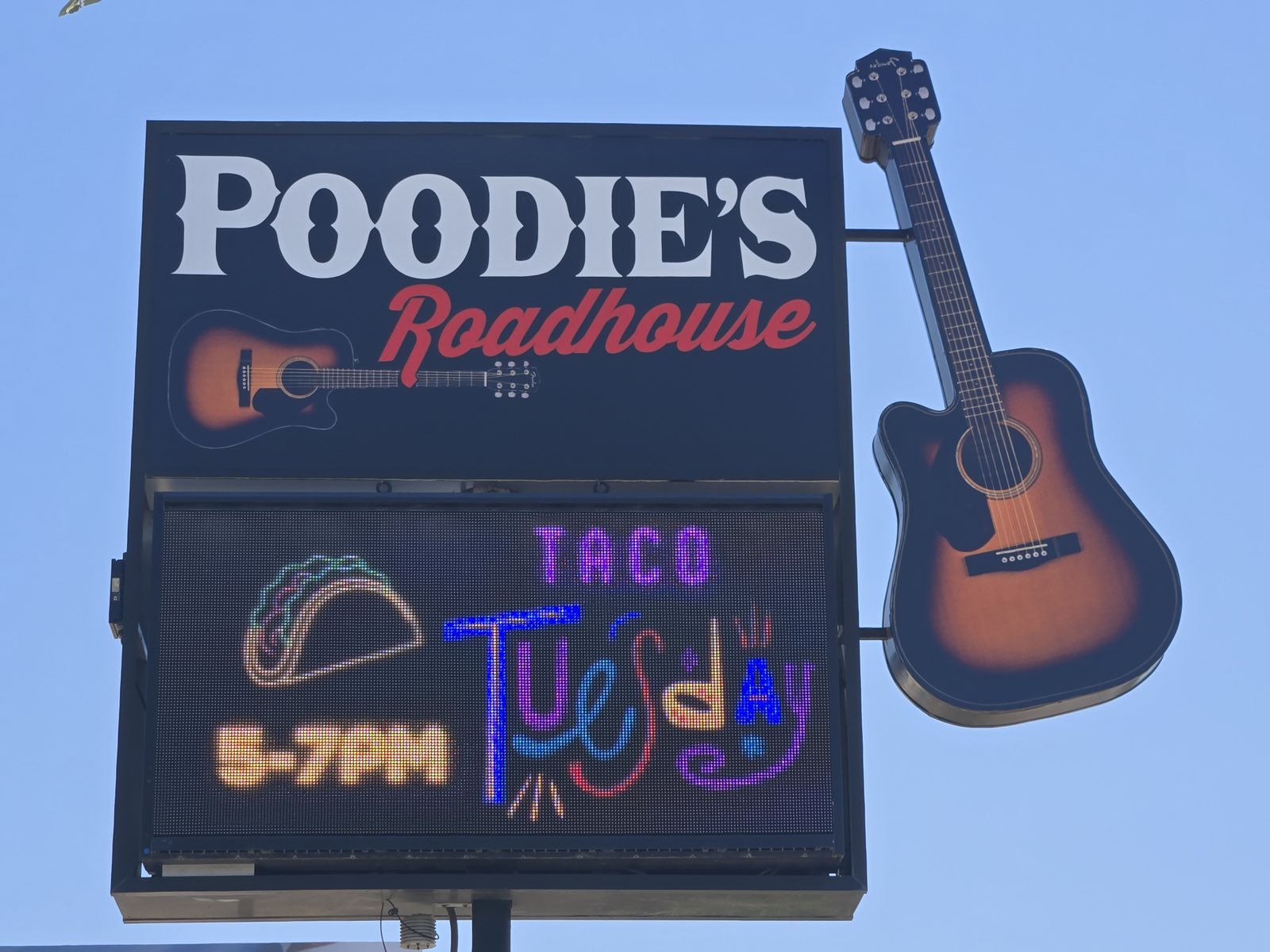 The roadside marquee advertising Taco Tuesday from 5 to 7